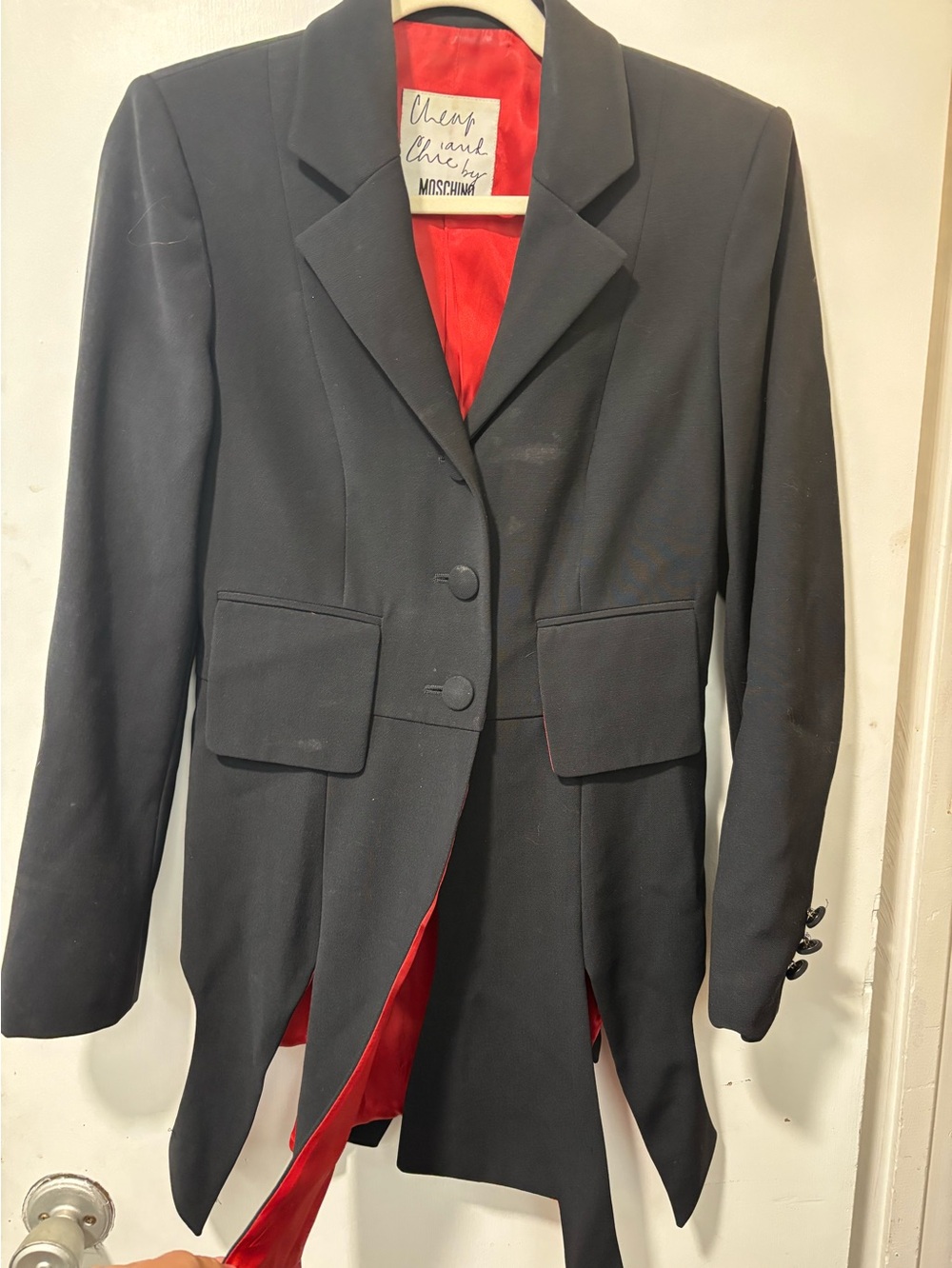 MOSCHINO Cheap And Chic Jacket Black Wool Red Satin Lined Asymmetrical Buttons 8